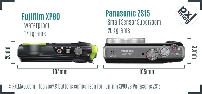 Fujifilm XP80 vs Panasonic ZS15 top view buttons comparison Fujifilm XP80 vs Panasonic ZS15 top view buttons comparison