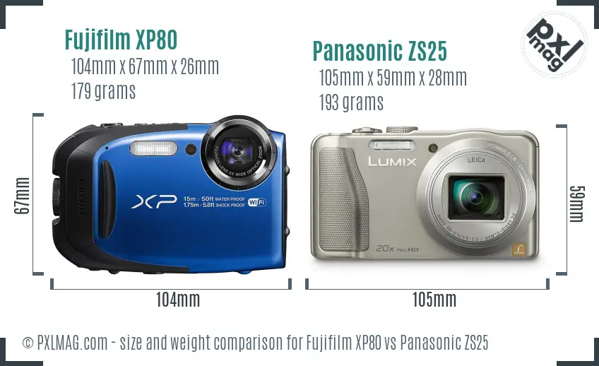 Fujifilm XP80 vs Panasonic ZS25 size comparison