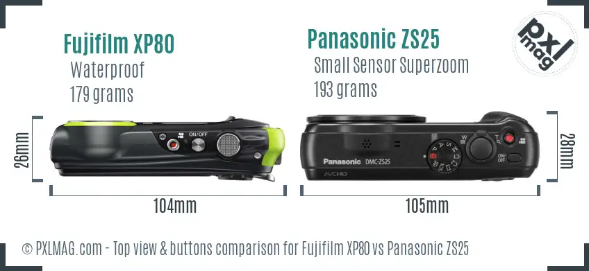 Fujifilm XP80 vs Panasonic ZS25 top view buttons comparison