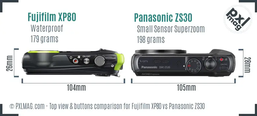 Fujifilm XP80 vs Panasonic ZS30 top view buttons comparison