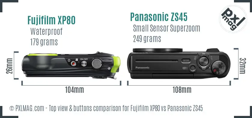 Fujifilm XP80 vs Panasonic ZS45 top view buttons comparison