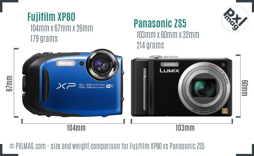 Fujifilm XP80 vs Panasonic ZS5 size comparison