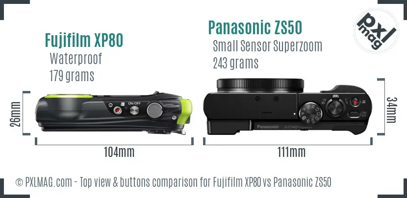 Fujifilm XP80 vs Panasonic ZS50 top view buttons comparison Fujifilm XP80 vs Panasonic ZS50 top view buttons comparison