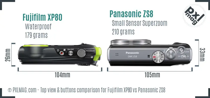 Fujifilm XP80 vs Panasonic ZS8 top view buttons comparison