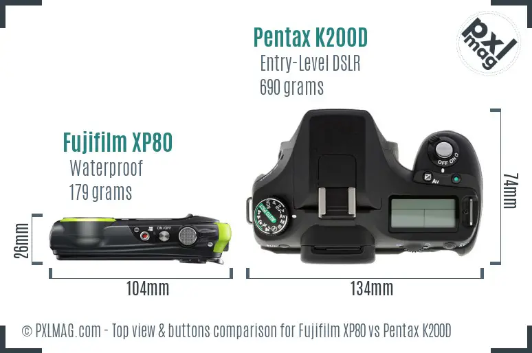 Fujifilm XP80 vs Pentax K200D top view buttons comparison