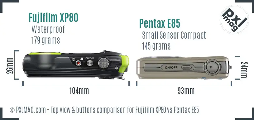 Fujifilm XP80 vs Pentax E85 top view buttons comparison