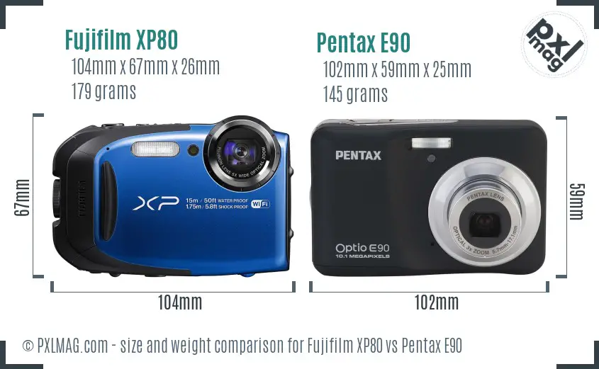 Fujifilm XP80 vs Pentax E90 size comparison