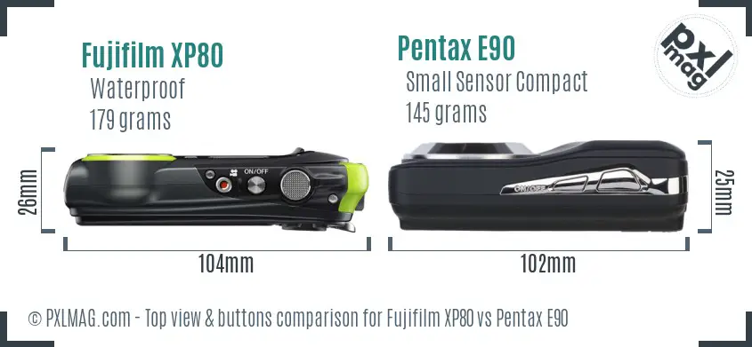 Fujifilm XP80 vs Pentax E90 top view buttons comparison