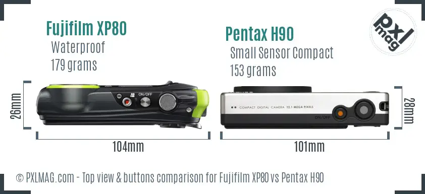 Fujifilm XP80 vs Pentax H90 top view buttons comparison