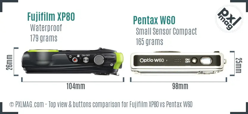 Fujifilm XP80 vs Pentax W60 top view buttons comparison