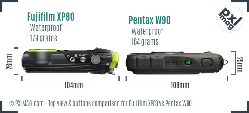 Fujifilm XP80 vs Pentax W90 top view buttons comparison Fujifilm XP80 vs Pentax W90 top view buttons comparison
