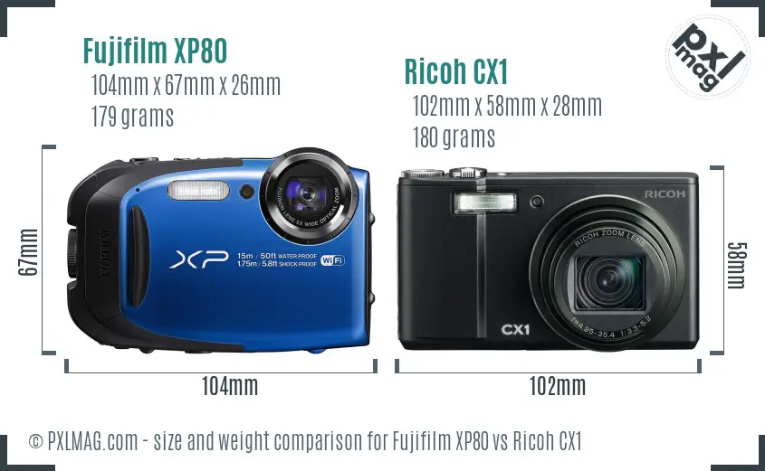 Fujifilm XP80 vs Ricoh CX1 size comparison