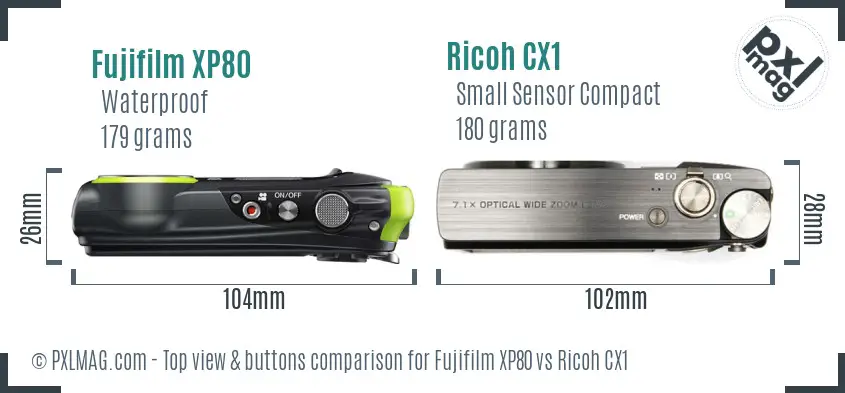 Fujifilm XP80 vs Ricoh CX1 top view buttons comparison