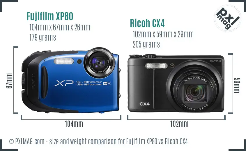 Fujifilm XP80 vs Ricoh CX4 size comparison