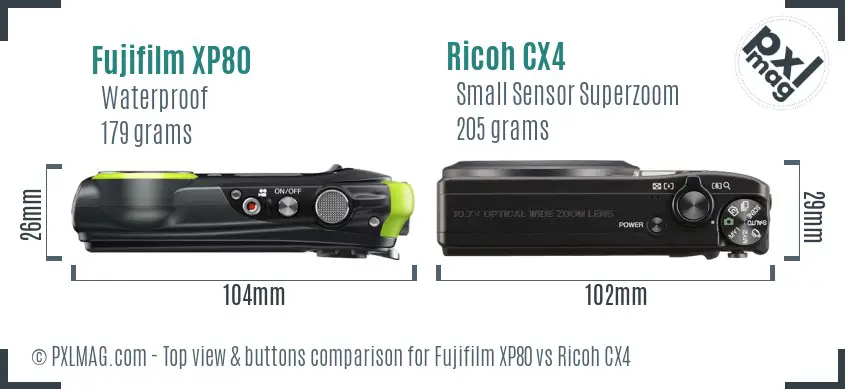 Fujifilm XP80 vs Ricoh CX4 top view buttons comparison