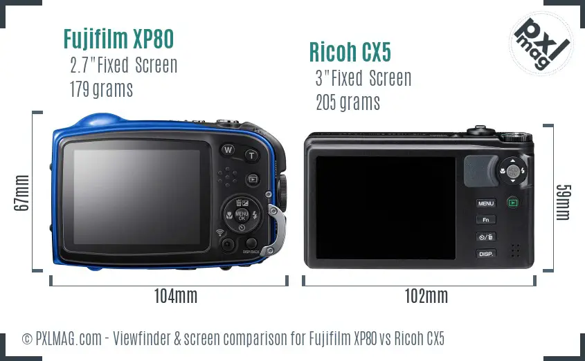 Fujifilm XP80 vs Ricoh CX5 Screen and Viewfinder comparison