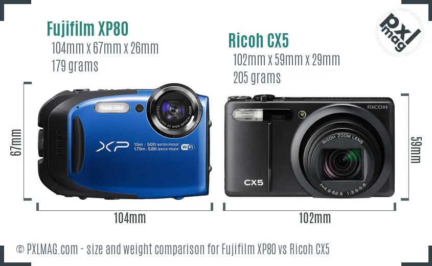 Fujifilm XP80 vs Ricoh CX5 size comparison