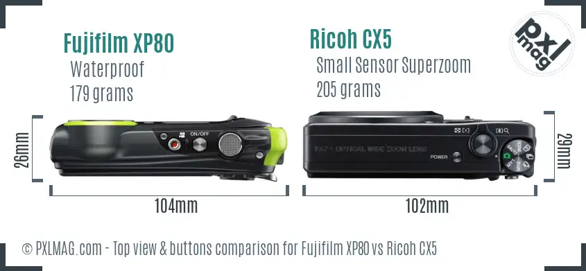 Fujifilm XP80 vs Ricoh CX5 top view buttons comparison