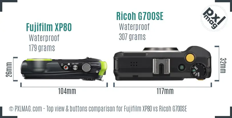 Fujifilm XP80 vs Ricoh G700SE top view buttons comparison Fujifilm XP80 vs Ricoh G700SE top view buttons comparison