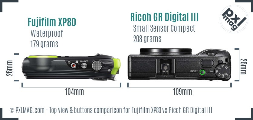 Fujifilm XP80 vs Ricoh GR Digital III top view buttons comparison