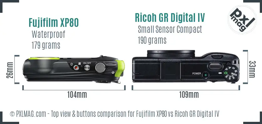 Fujifilm XP80 vs Ricoh GR Digital IV top view buttons comparison