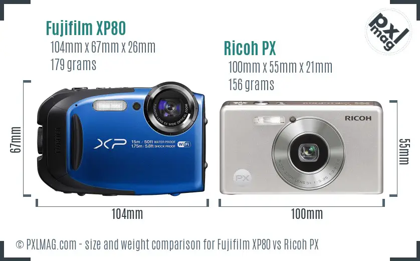 Fujifilm XP80 vs Ricoh PX size comparison