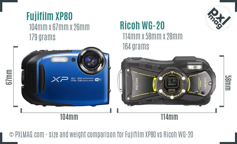 Fujifilm XP80 vs Ricoh WG-20 size comparison