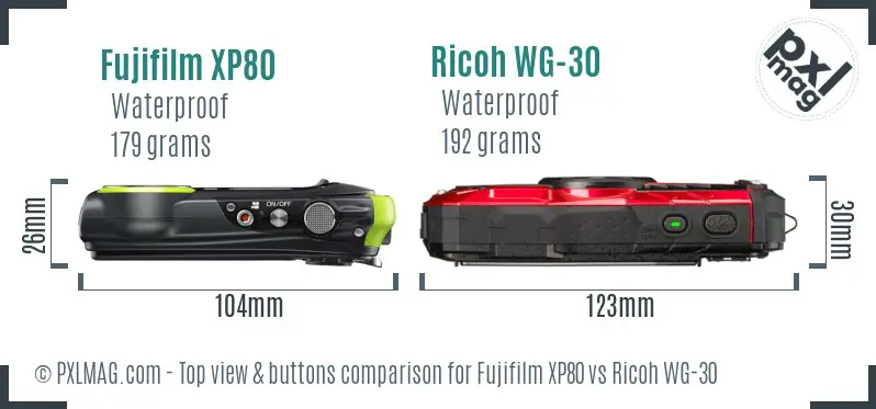 Fujifilm XP80 vs Ricoh WG-30 top view buttons comparison Fujifilm XP80 vs Ricoh WG-30 top view buttons comparison