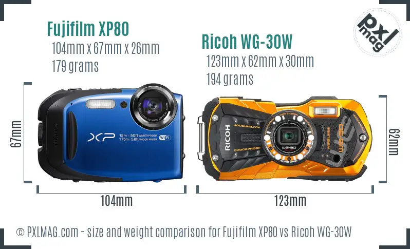 Fujifilm XP80 vs Ricoh WG-30W size comparison