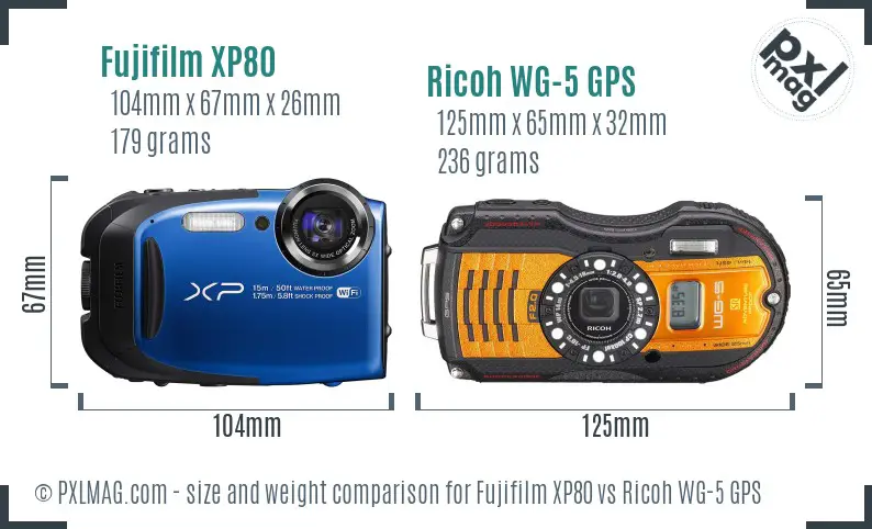 Fujifilm XP80 vs Ricoh WG-5 GPS size comparison