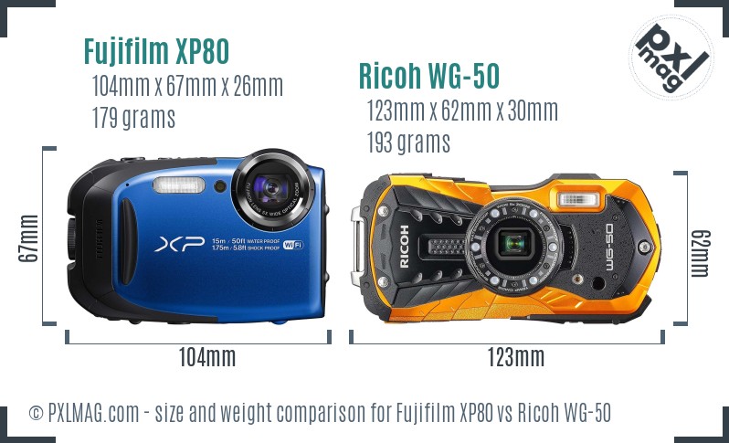Fujifilm XP80 vs Ricoh WG-50 size comparison