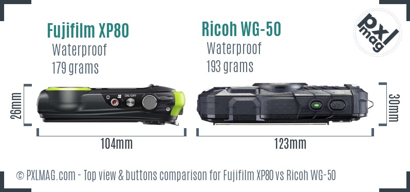 Fujifilm XP80 vs Ricoh WG-50 top view buttons comparison