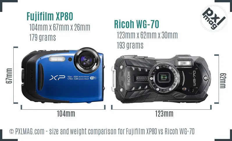 Fujifilm XP80 vs Ricoh WG-70 size comparison