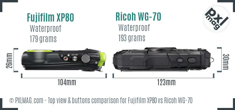 Fujifilm XP80 vs Ricoh WG-70 top view buttons comparison