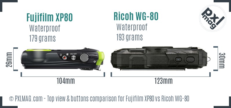 Fujifilm XP80 vs Ricoh WG-80 top view buttons comparison