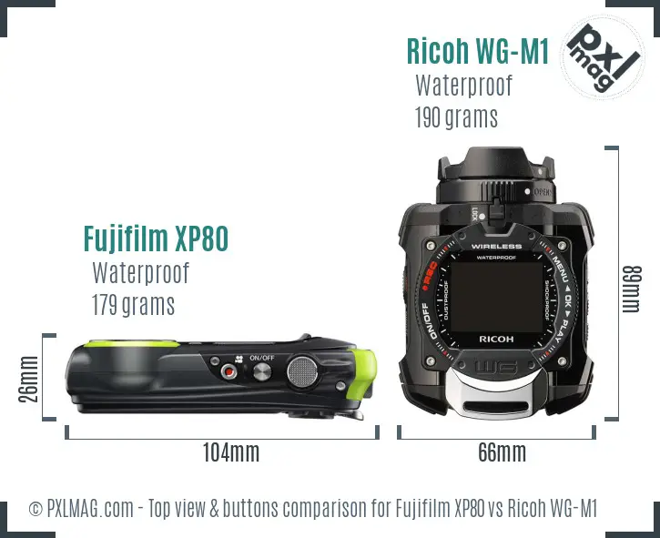 Fujifilm XP80 vs Ricoh WG-M1 top view buttons comparison