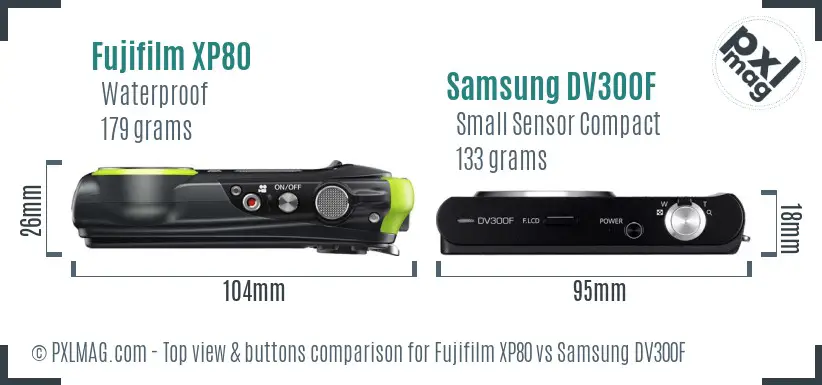 Fujifilm XP80 vs Samsung DV300F top view buttons comparison