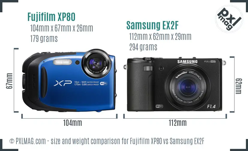 Fujifilm XP80 vs Samsung EX2F size comparison