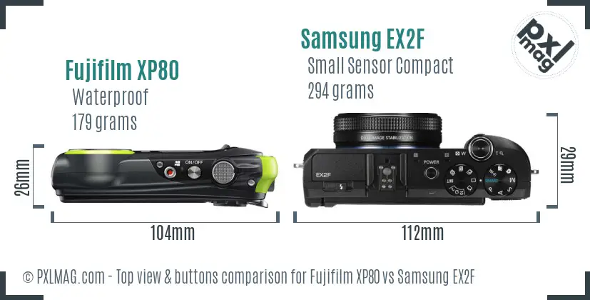Fujifilm XP80 vs Samsung EX2F top view buttons comparison