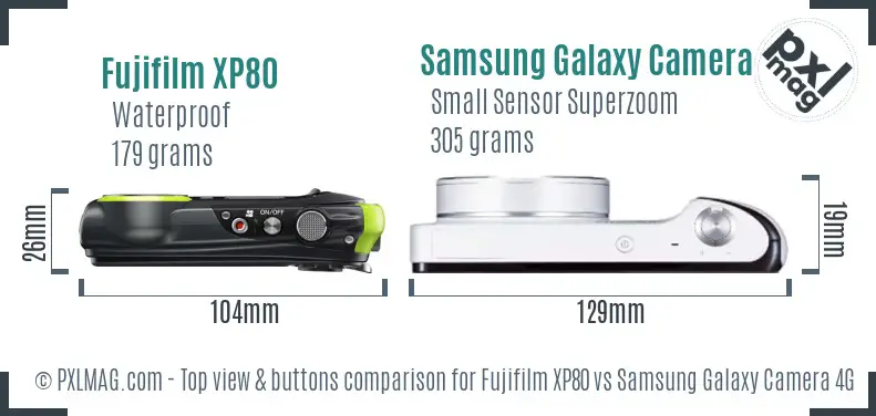 Fujifilm XP80 vs Samsung Galaxy Camera 4G top view buttons comparison Fujifilm XP80 vs Samsung Galaxy Camera 4G top view buttons comparison