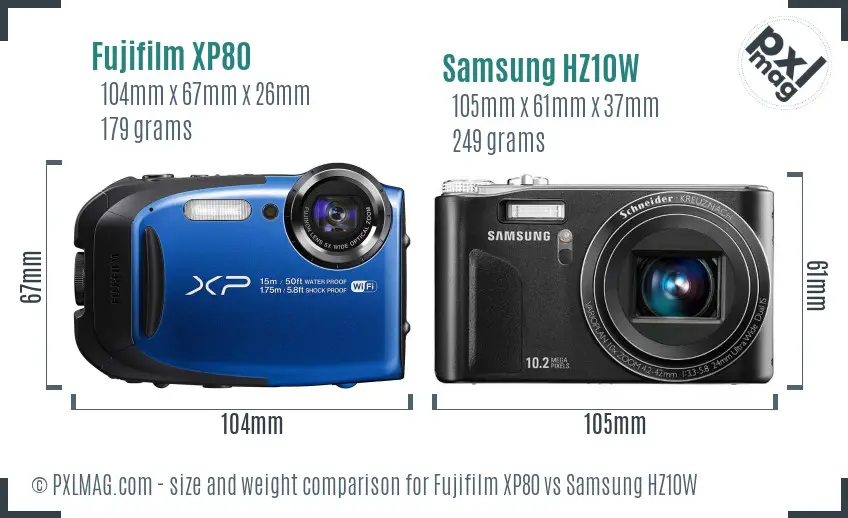 Fujifilm XP80 vs Samsung HZ10W size comparison