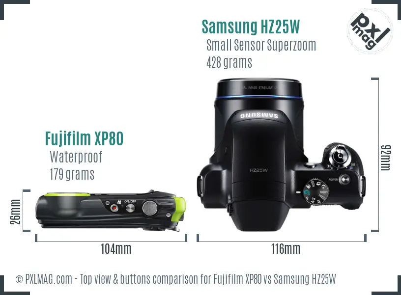 Fujifilm XP80 vs Samsung HZ25W top view buttons comparison