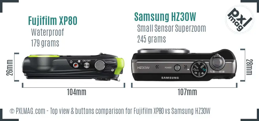 Fujifilm XP80 vs Samsung HZ30W top view buttons comparison