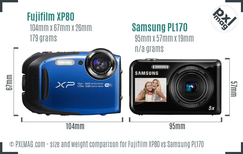 Fujifilm XP80 vs Samsung PL170 size comparison