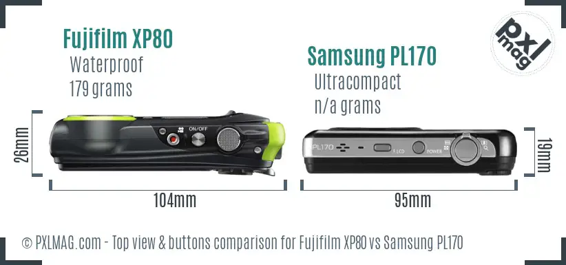 Fujifilm XP80 vs Samsung PL170 top view buttons comparison