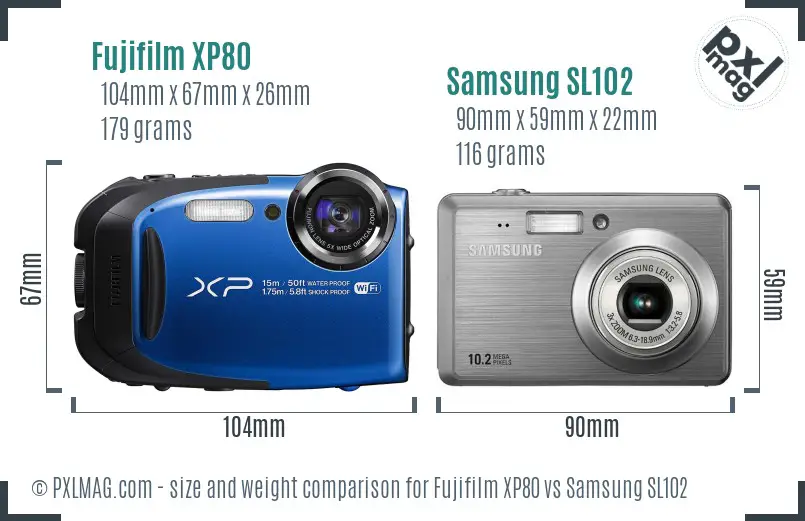 Fujifilm XP80 vs Samsung SL102 size comparison