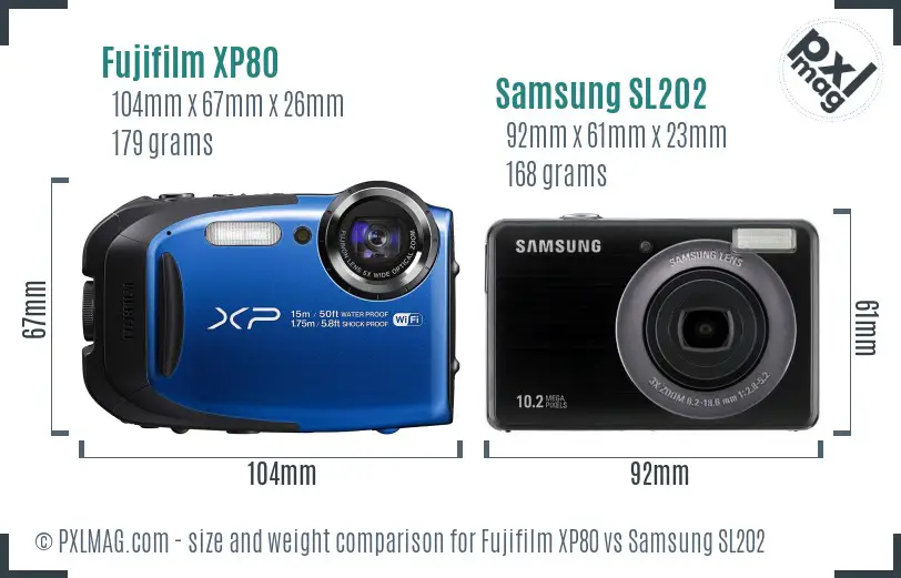 Fujifilm XP80 vs Samsung SL202 size comparison