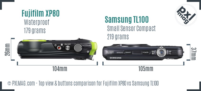 Fujifilm XP80 vs Samsung TL100 top view buttons comparison