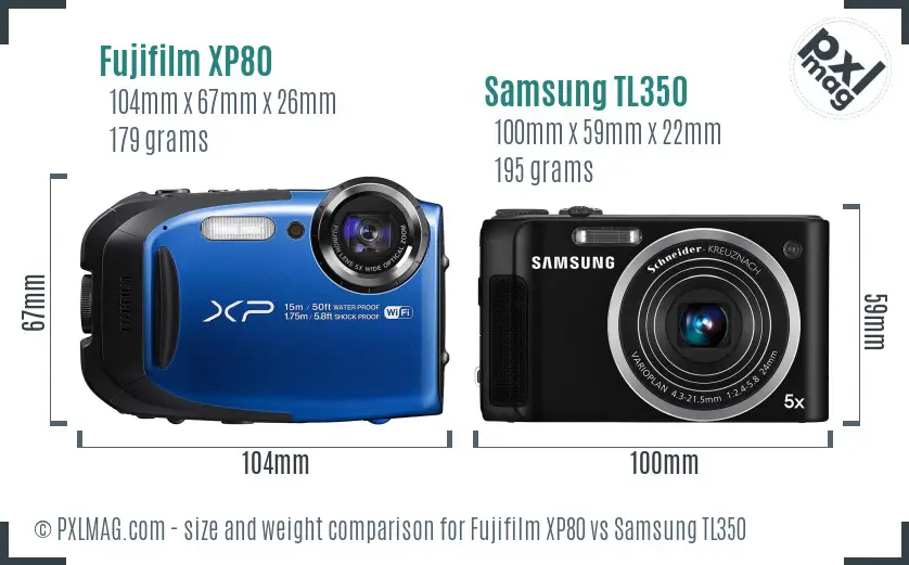 Fujifilm XP80 vs Samsung TL350 size comparison