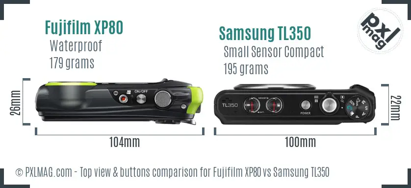 Fujifilm XP80 vs Samsung TL350 top view buttons comparison